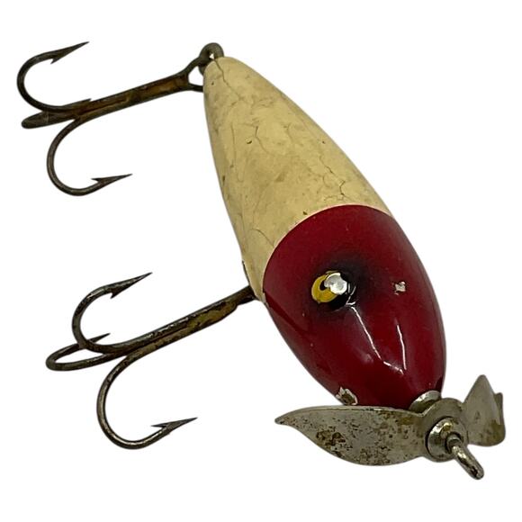 Vintage Wooden Fishing Lure Red Head White Body Propeller Topwater - Picture 2 of 5